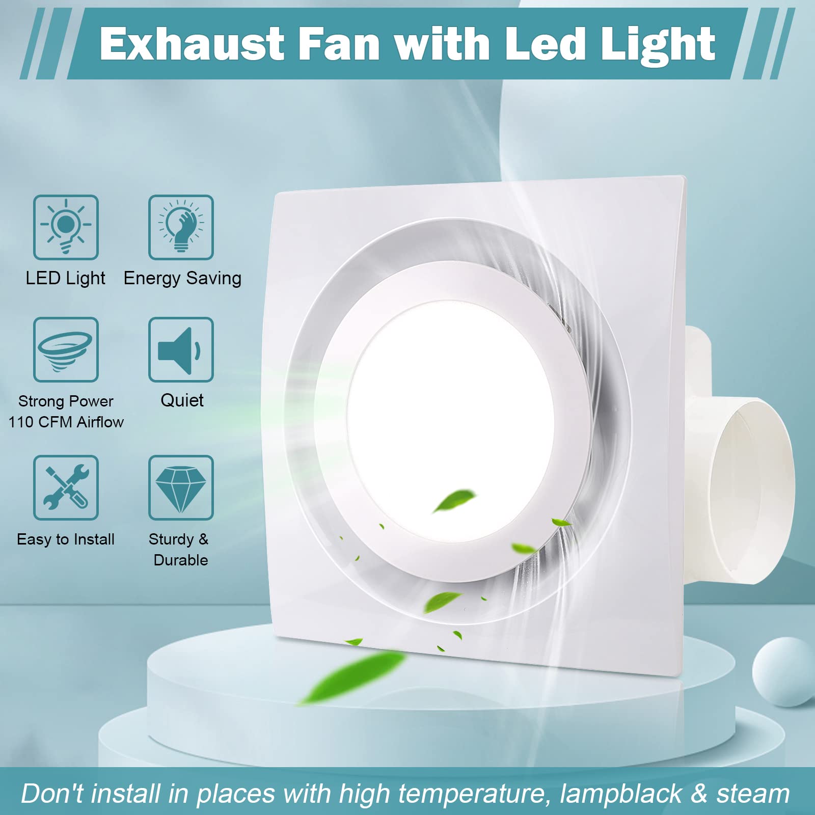Feiton Bathroom Fan With Light Exhaust Fan Ceiling Mount Vent Fan Light Combo, 30W, 110V, 110 Cfm 1.0 Sones, Square Quiet Ventil
