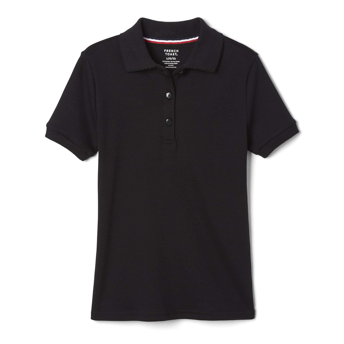 French Toast Girls Size Short Sleeve Interlock Polo With Picot Collar, Black, X-Large1820Plus