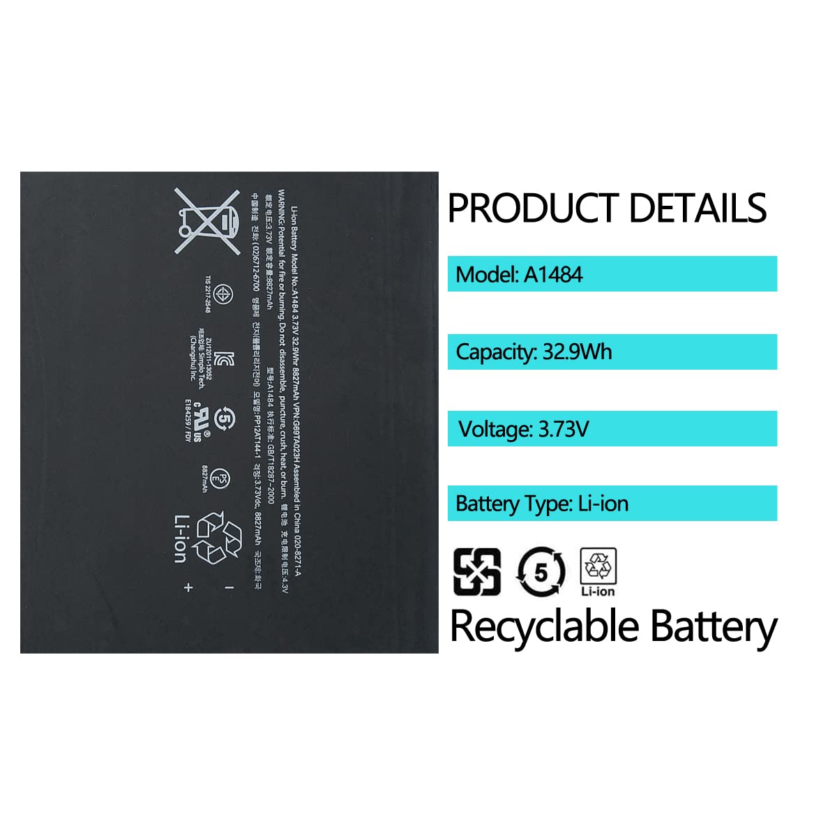 Pinsinholy A1484 A1474 Battery Compatible With Ipad Air 1 Ipad 5Th 7Th 8Th 9Th 5 7 8 9 A1474 A1475 A1476 A1822 A1823 A1893 A1954