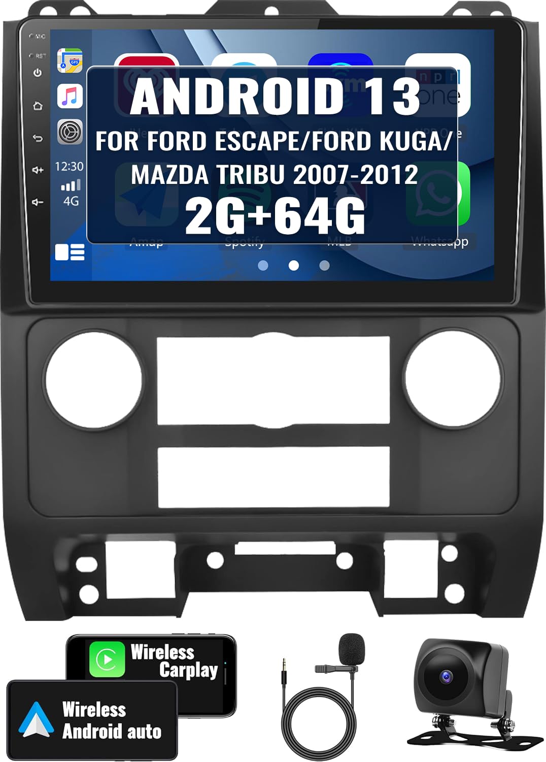 Camecho 2+64G Radio For Ford Escape/Ford Kuga/Mazda Tribute 2007 2012,Android 13 Car Stereo With Carplay Android Auto,9' Touch Screen Car Radio With Bluetooth Fm/Rds Hifi Gps Wifi Backup Camera
