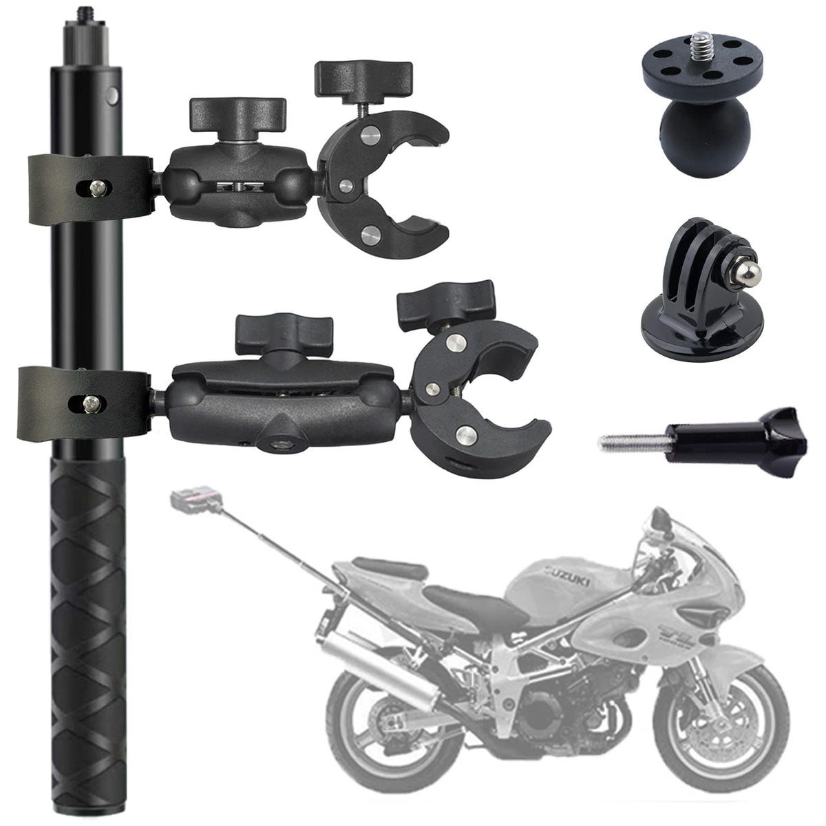 Motorcycle Bike Handlebar Clamp Mount With 47.3'' Invisible Selfie Stick Compatible For Insta360 One X4 X3 X2 X Rs R Go 2 3 Acti