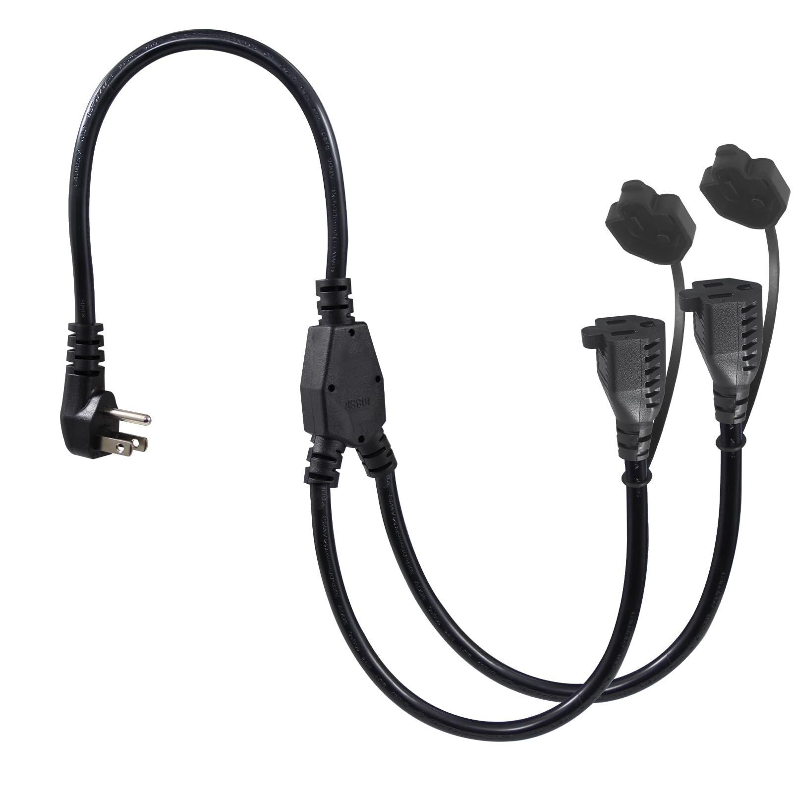 2Ft Outdoor Extension Cord Splitter   90 Degree Flat Plug Black 2 Way Waterproof Power Cord Y Splitter,1 To 2 Extension Cord, 12