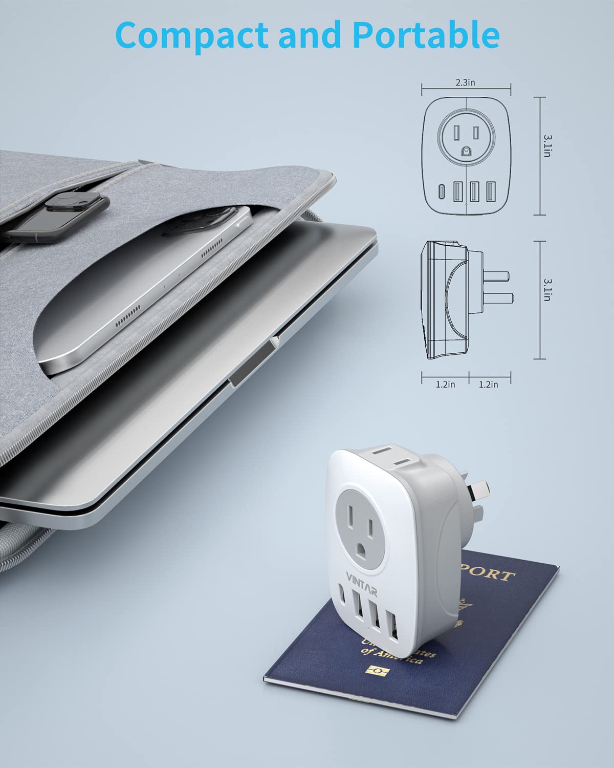 Australia New Zealand Power Plug Adapter, Vintar Australia Travel Adapter With 1 Usb C,3 Usb Ports And 2 American Outlets, 6 In