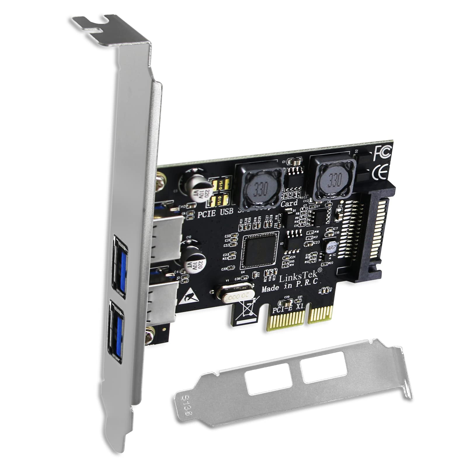LinksTek 2-Ports PCIE USB 3.0 (USB 3.1 GEN1) 5Gbps Expansion Card for Desktop PCs, 2X 5Gbps USB-A Ports, Built in Smart Power Di