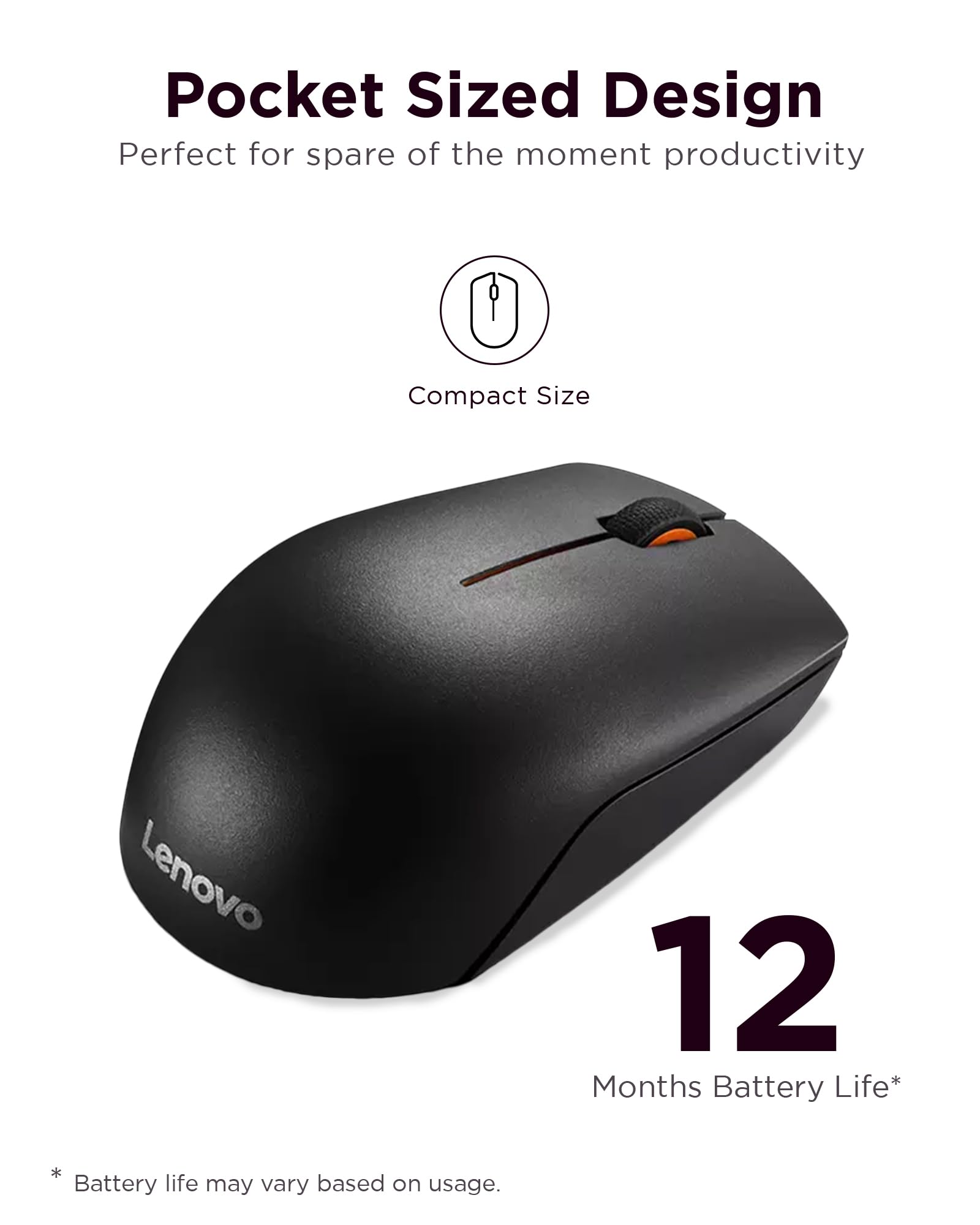 Lenovo 300 Wireless Compact Mouse, Black, 1000 Dpi, Ultra Portable Design, Up To 12 Months Battery Life, Gx30K79402