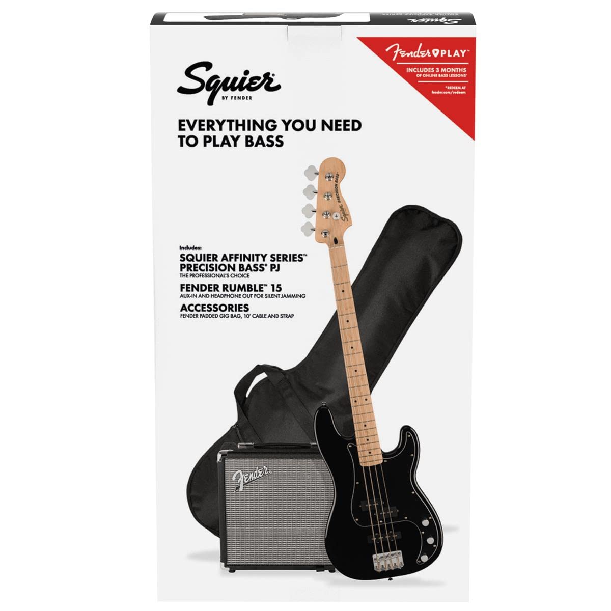 Squier By Fender Precision Bass Guitar Kit, Affinity Series, Laurel Fingerboard, Black, Poplar Body, Maple Neck, With Guitar Bag