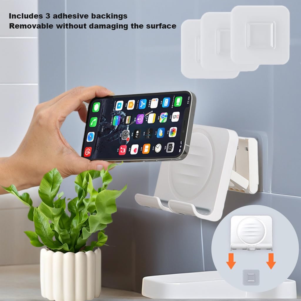 Geyitafum Shower Phone Holder, Wall Mount Cellphone Stand With 3Pcs Adhesive Pads, Adjustable & Portable Mirror Smartphone Wall