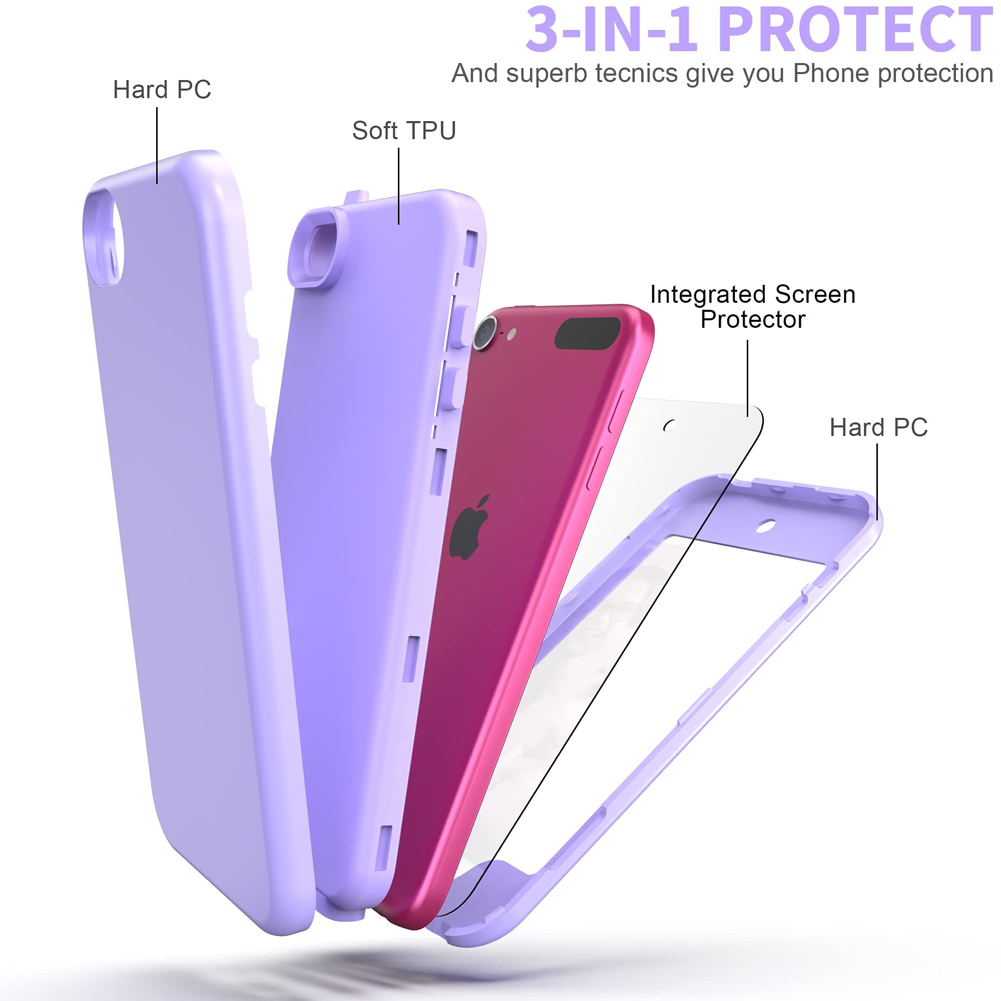 Yamink For Ipod Touch 7 Case With Screen Protector,Lightweight Full Body Heavy Duty Protection Soft Tpu Hard Pc Bumper Protectiv