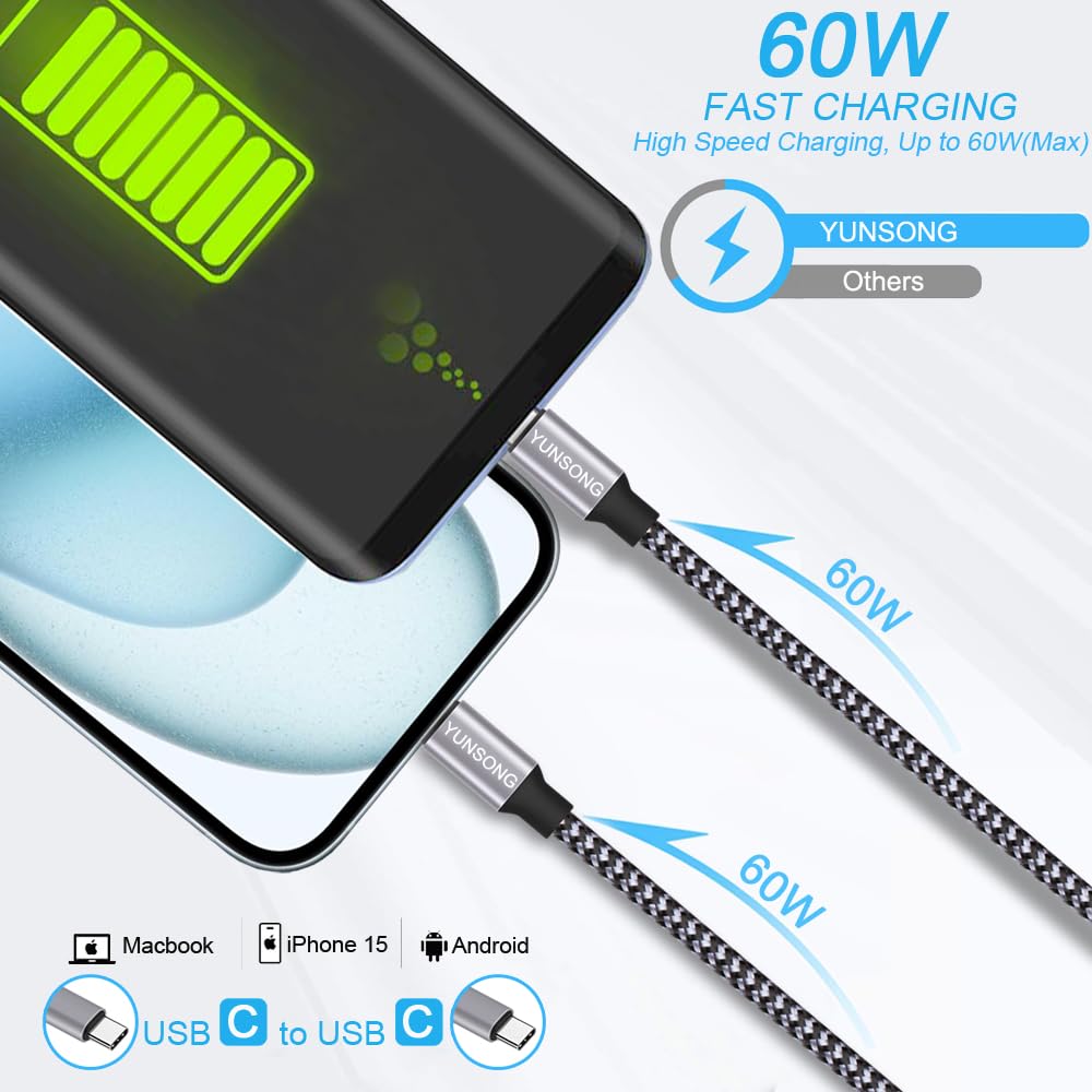 Yunsong Usb C Charger Cable, New Nylon Braided Usb C To Usb C Cable 3Pack 6Ft Type C Pd 60W Fast Charging For Iphone 15/15 Pro/1