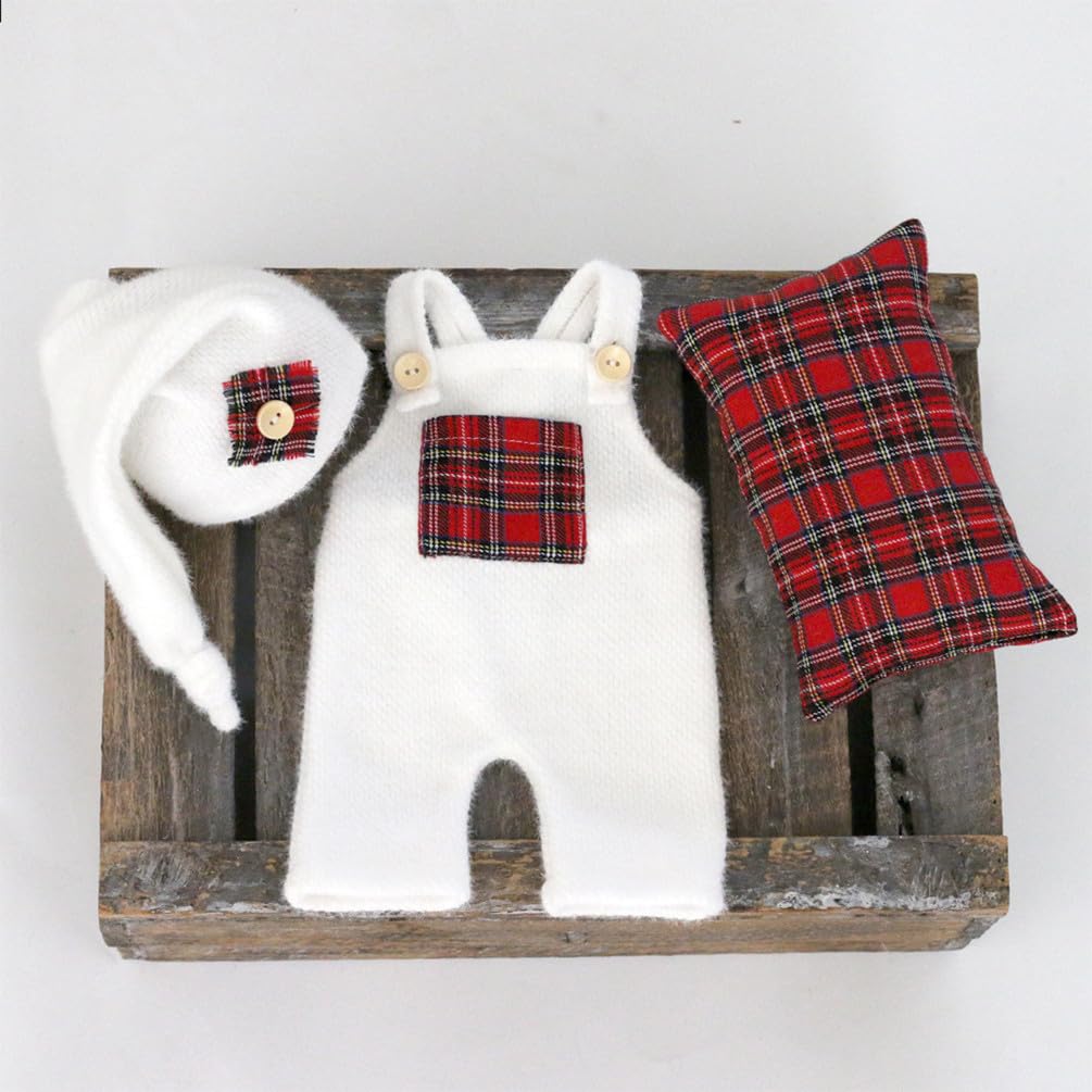 Christmas Newborn Baby Photo Shoot Props Outfits Crochet Clothes Santa Claus Red Hat Pants Photography Props (White A)