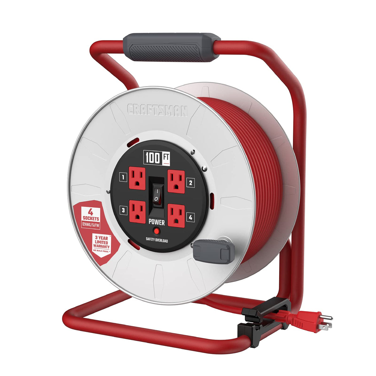 Craftsman 100 Ft. Contractor Retractable Extension Cord Reel With 4 Outlets & Heavy Duty 12Awg Sjtw Cable