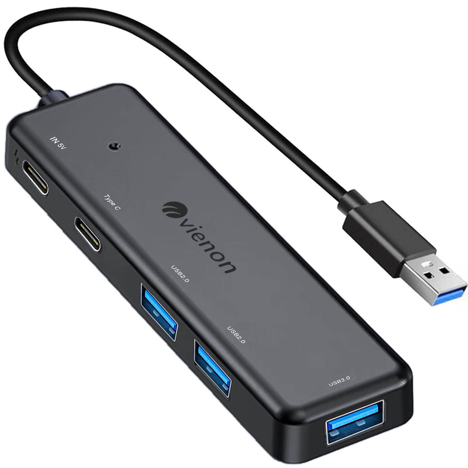 VIENON USB 3.0 Hub 5 in 1, USB Extender with USB C Power & Data Ports for Laptop/PC, Multiport USB Dock for MacBook, Mac Pro, Ma