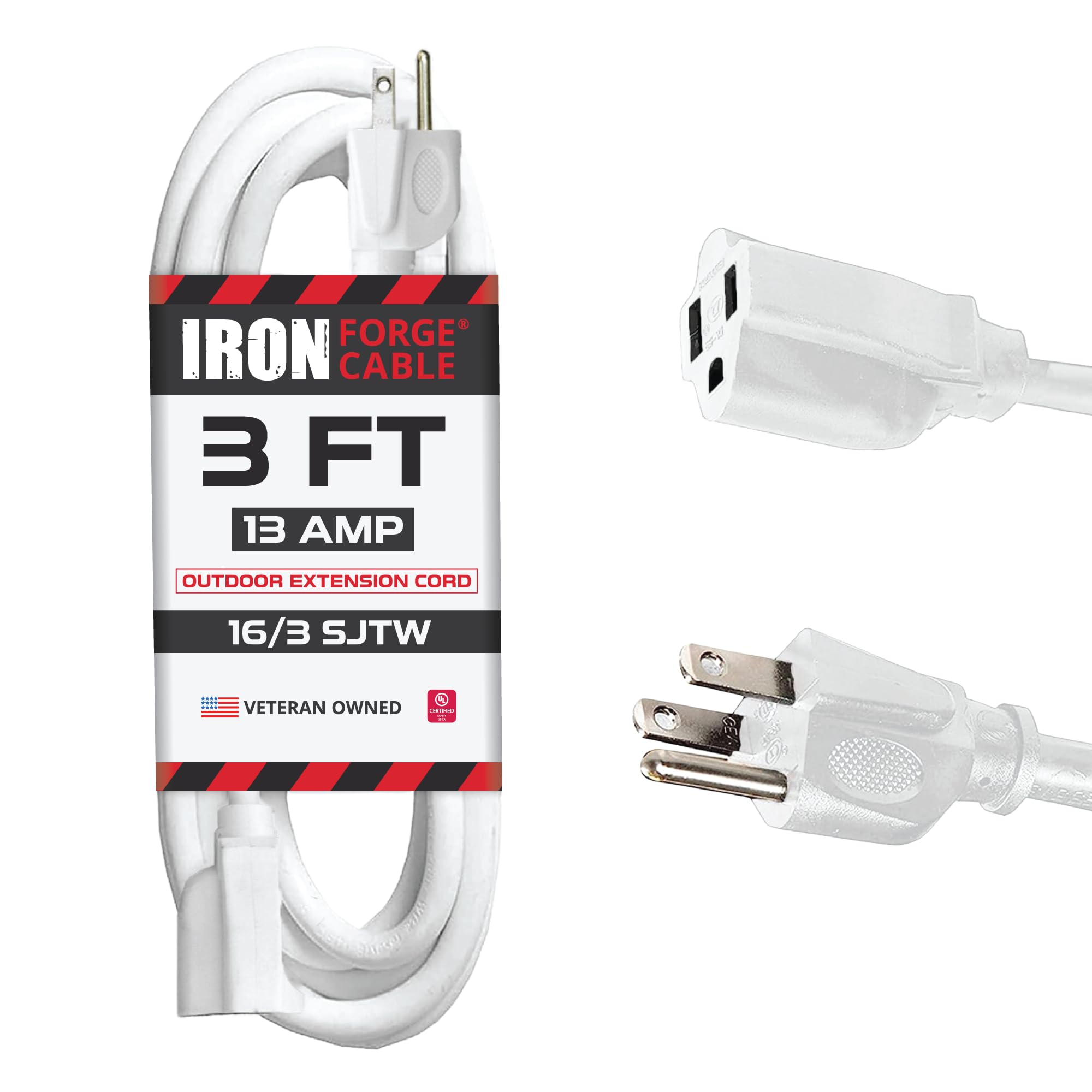 Iron Forge Cable Weatherproof 3 Ft Outdoor Extension Cord - 16/3 Sjtw Heavy Duty White Extension Cord 3 Prong - 13 Amp Exterior