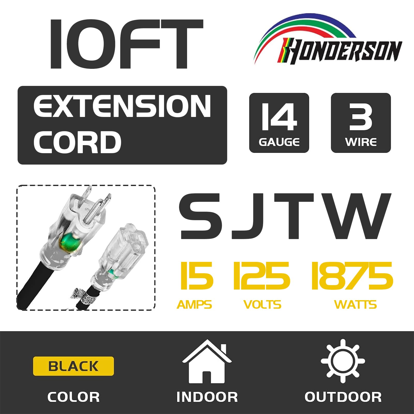 Honderson Indoor Outdoor Extension Cord Weatherproof With Lighted End, Ul Listed, 14 Gauge 10Ft Black 3 Prong Heavy Duty Extensi