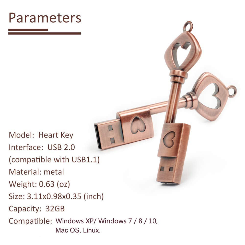 32Gb Usb 2.0 Flash Drive, Borlterclamp Memory Stick Retro Metal Love Heart Key Shaped Thumb Drive