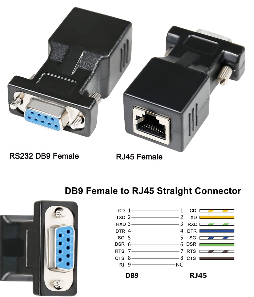 Dtech Db9 To Rj45 Serial Adapter Rs232 Female To Rj-45 Female Ethernet Converter Compatible With Standard 9 Pin Rs-232 Devices