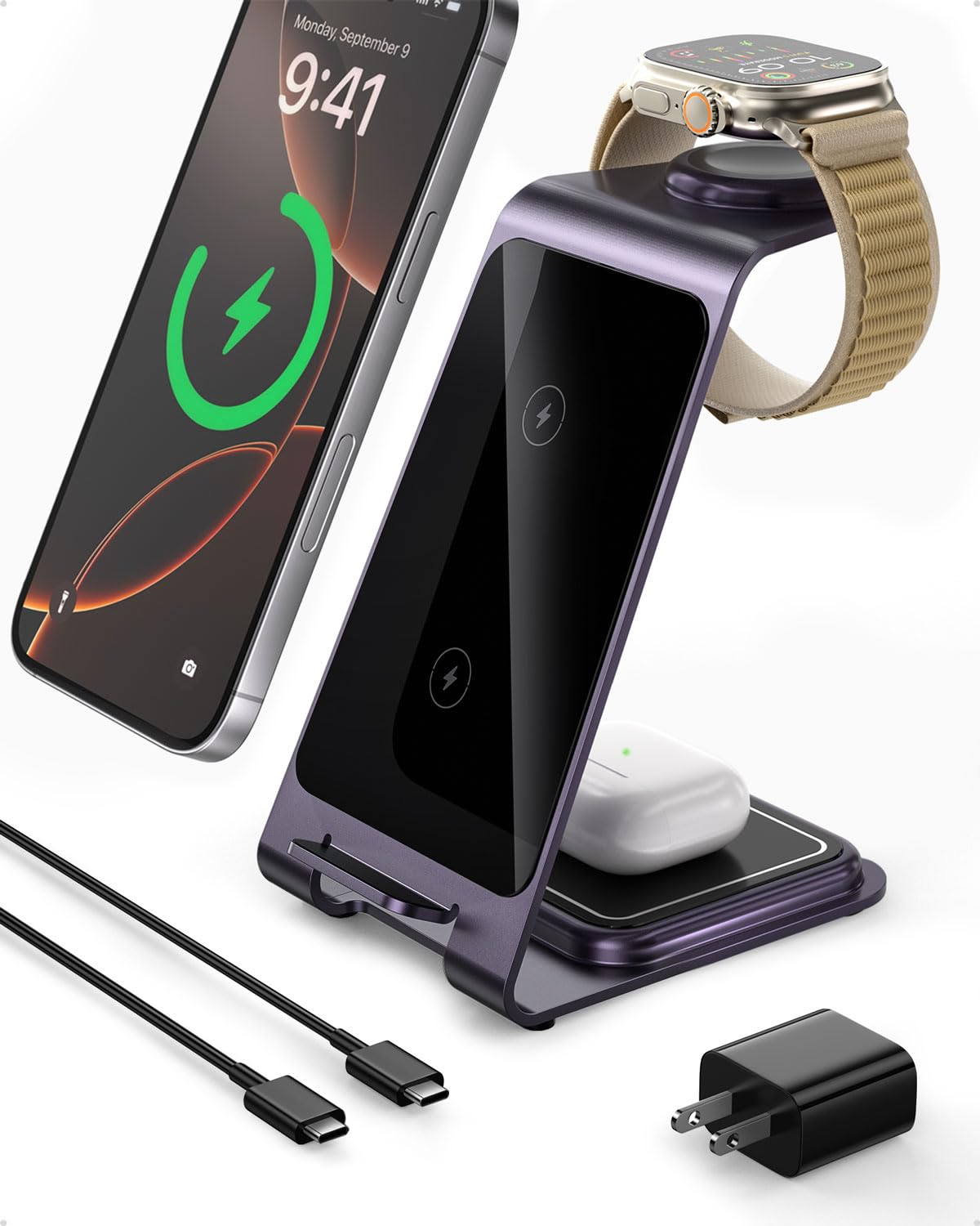 Intoval 3 In 1 Wireless Charging Station For Iphone 16 Pro/16/16 Pro Max/15 Pro/15/15 Pro Max, For Apple Watch 10/Ultra 2/Se/9/8