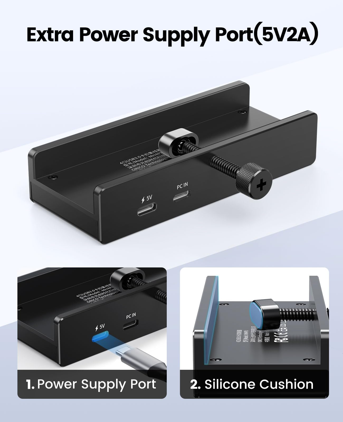 ORICO USB Hub 3.0 - 4-Port Aluminum Adapter with Power Supply, USB-A & USB-C, Black