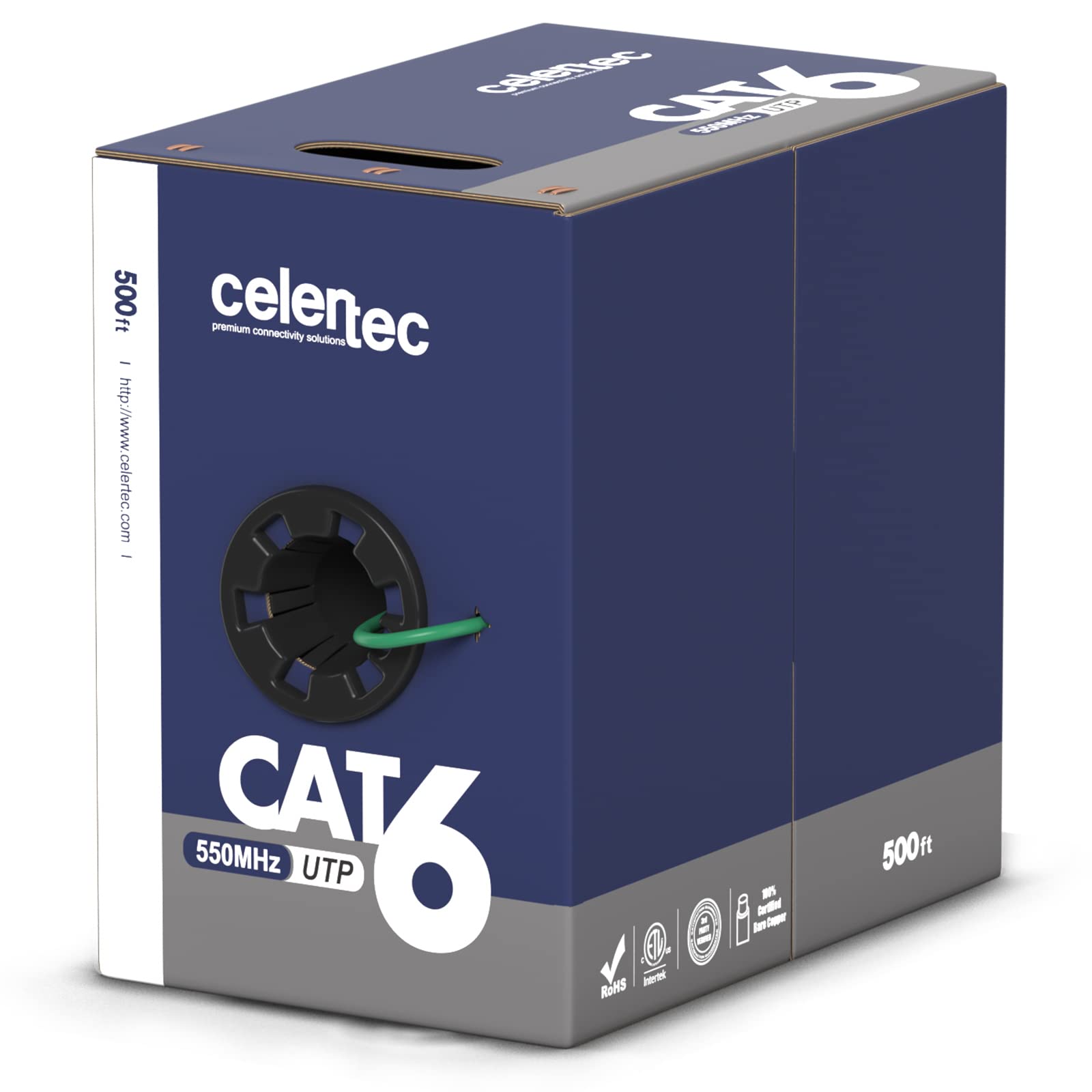 Celertec Cat6 Ethernet Cable, 500Ft, 23Awg Solid Bare Copper, Unshielded Twisted Pairs(Utp), 550Mhz, Etl Listed &Cmr Riser Rated, Indoor, Bulk Ethernet Cable  Green