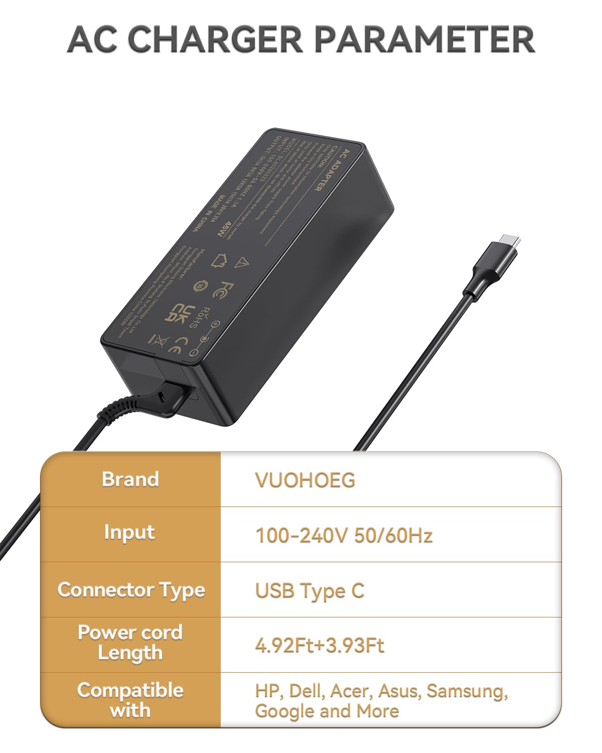 Chromebook Charger Usb C Laptop For Hp Lenovo Acer Asus Dell Samsung Google Computer Adapter Power Type C, Hp Chromebook X360 11 13 14 14A Hp Spectre X360 13 Elite X2 Power Cord 45W