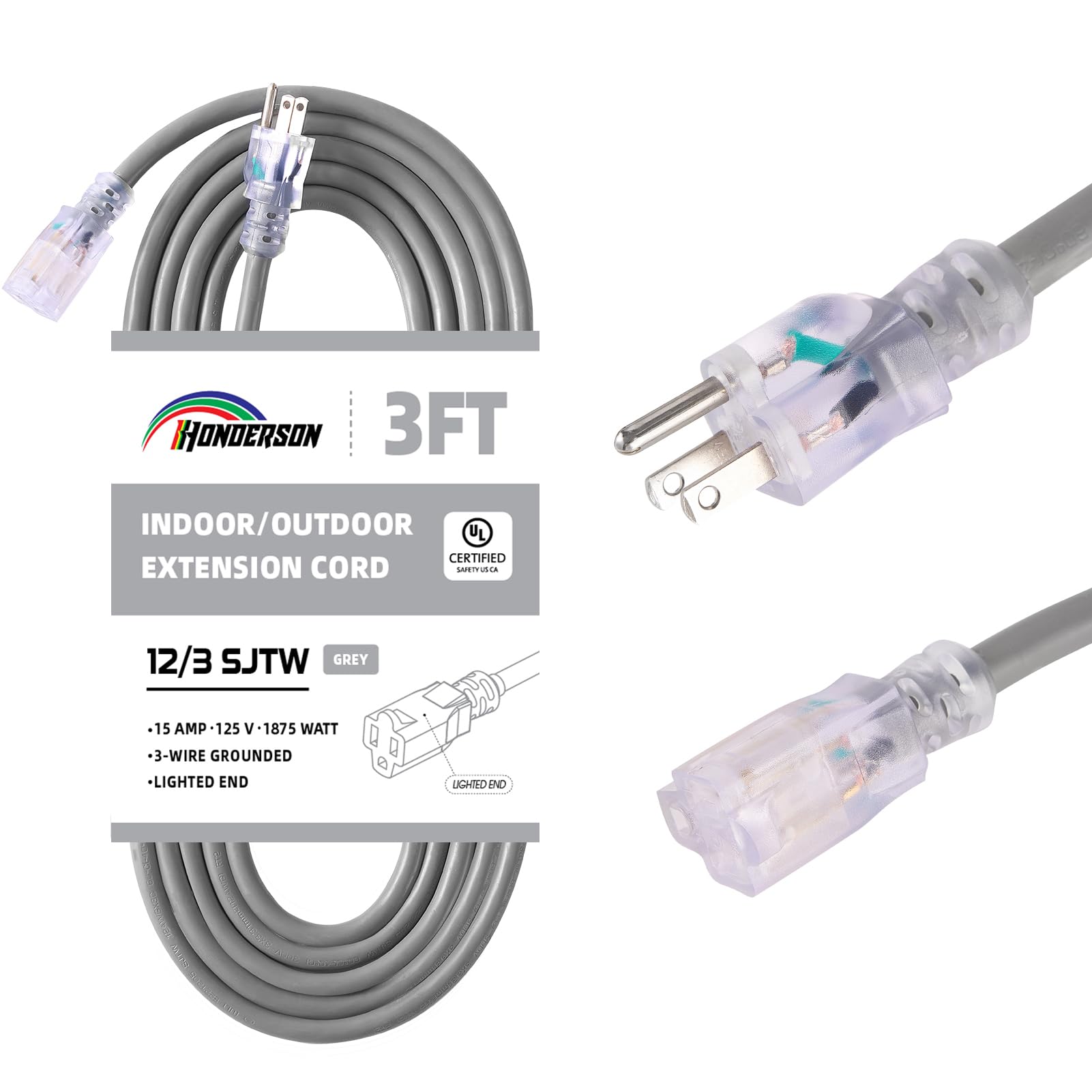 Honderson Indoor Outdoor Extension Cord Weatherproof With Lighted End, Ul Listed, 12 Gauge 3Ft Grey 3 Prong Heavy Duty Extension
