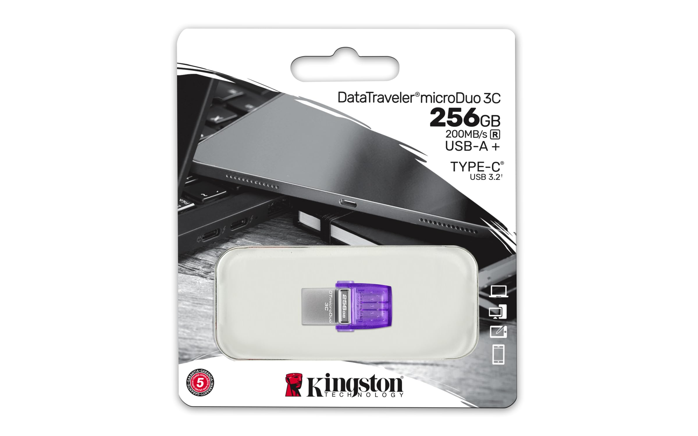 Kingston Datatraveler Microduo 3C 256Gb Usb-C & Usb-A Flash Drive | Speeds Up To 200 Mb/S | Usb 3.2 Gen 1 | Duo Connector | Dtdu