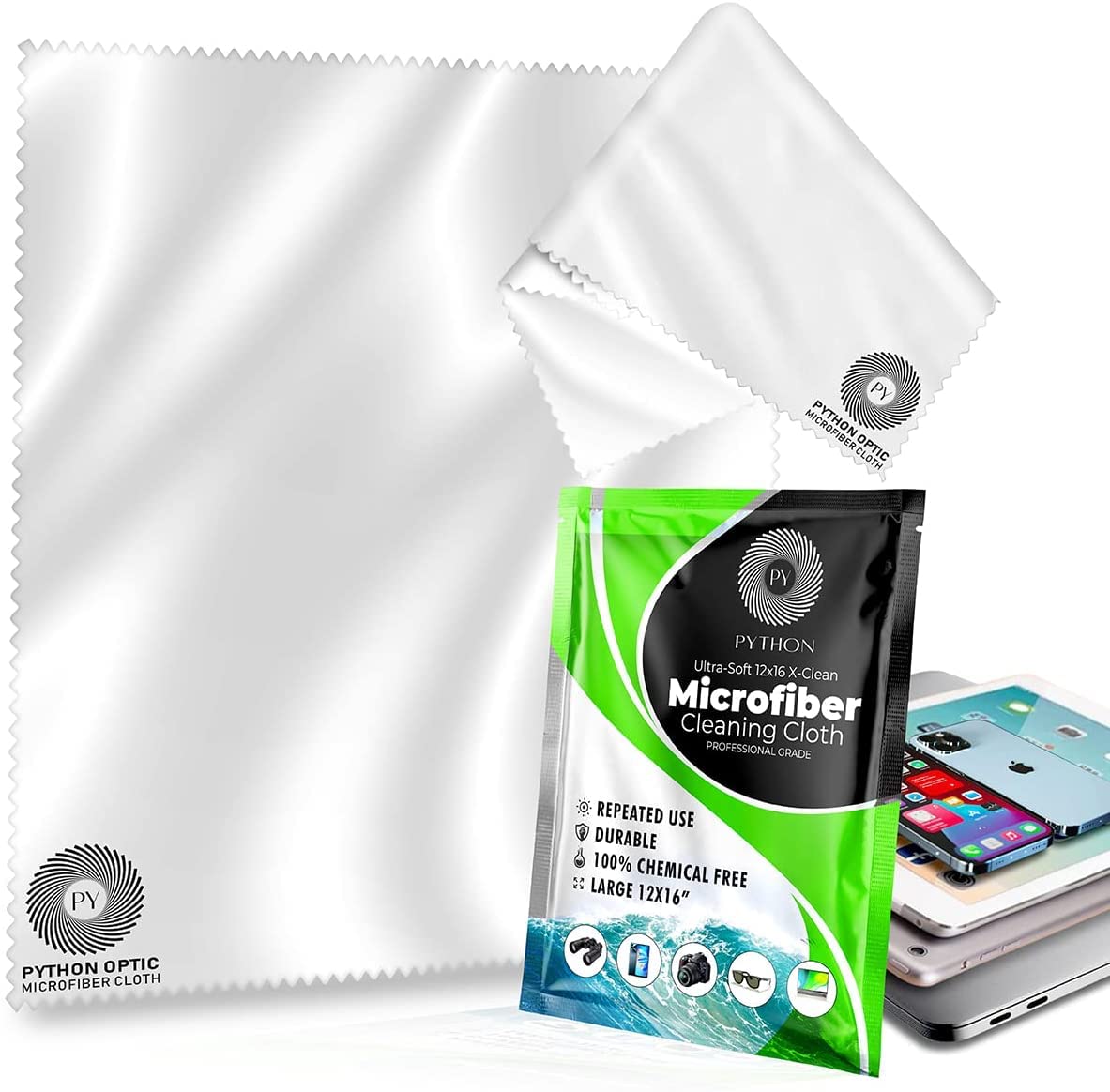 Python Premium Microfiber Cloth 12X16In - Scratch-Free Optical Lens & Glasses Cleaner, Screen Cleaning For Computers, Tvs, Apple