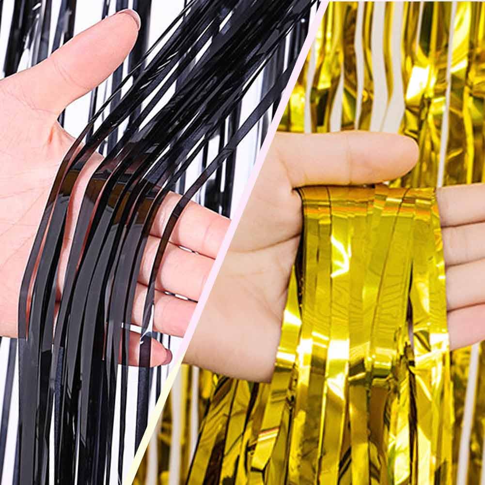 Eufars Black And Gold Party Decorations   4Pack 3.2X8.2Ft Foil Fringe Curtains For Birthday Graduation Masquerade Gatsby Themed