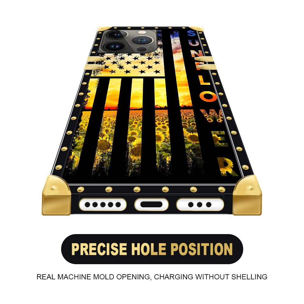 Pinsheng iPhone 14 Pro Max Phone Case Square Soft TPU Metal Decoration Sunflower American Flag