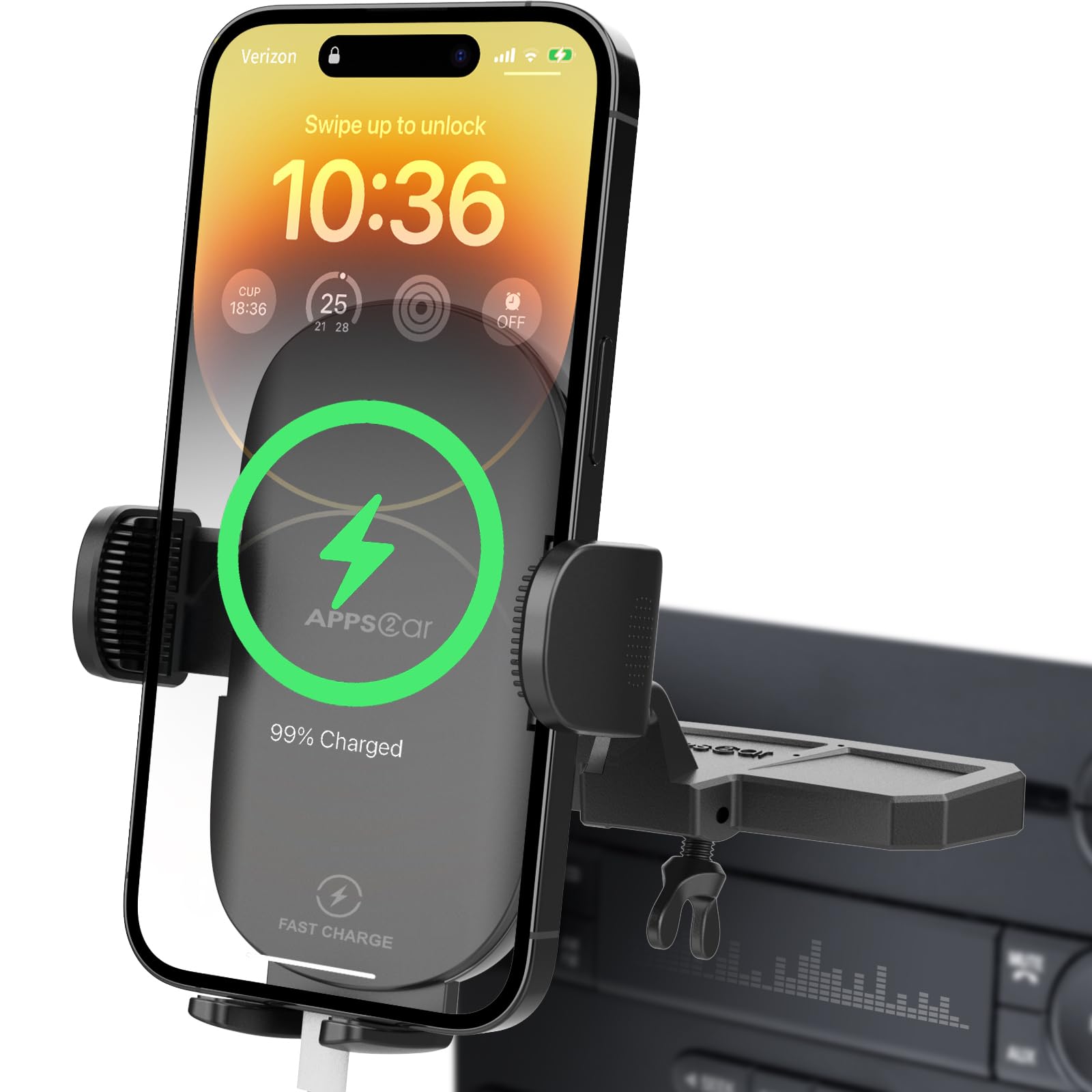 Apps2Car Sturdy Cd Slot Phone Mount Upgraded Wireless Charger 15W With One Hand Operation Design, Hands-Free Car Phone Holder Co
