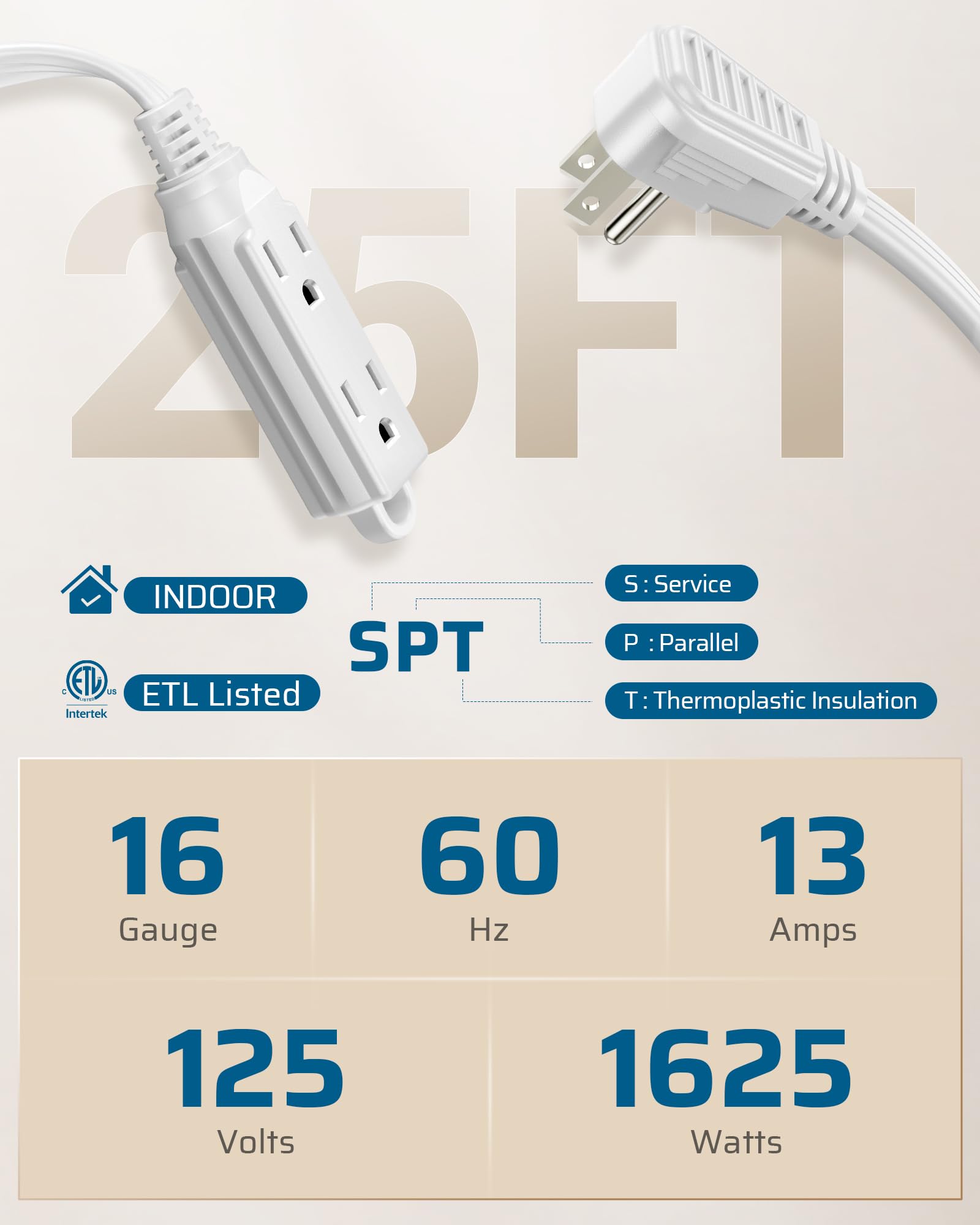 Dewenwils 3 Outlet Extension Cord With Flat Plug, 25 Ft 16/3 Awg Grounded Power Cable For Indoor Use, Spt 3 Cord, White, Etl Lis