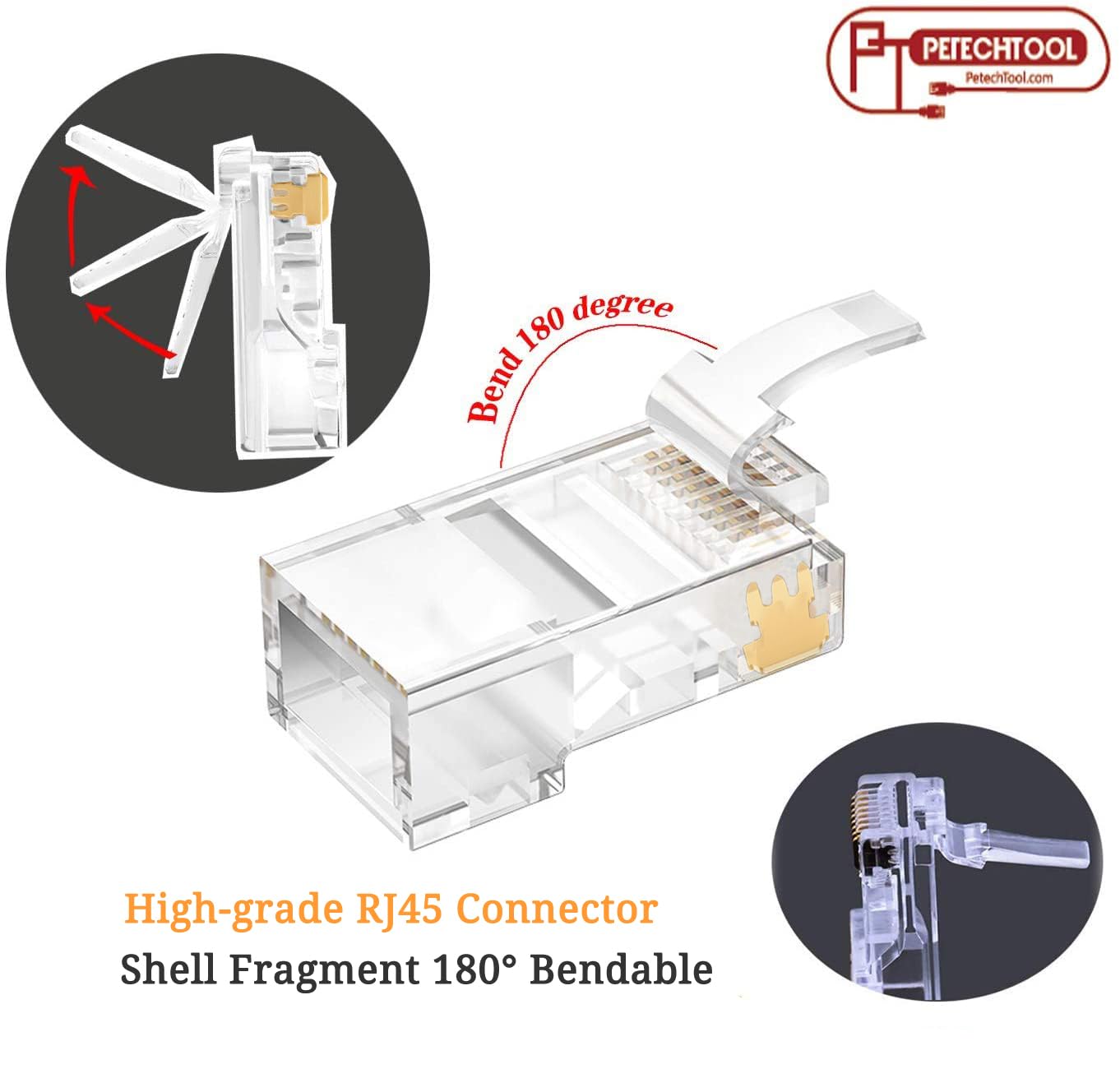 Petechtool 100 Pack Rj45 Pass Through Connector 23Awg Cat6A Cat6 Ethernet Connector Gold Plated 8P8C Rj45 Ends For Solid Or Stranded Utp Ethernet Cable