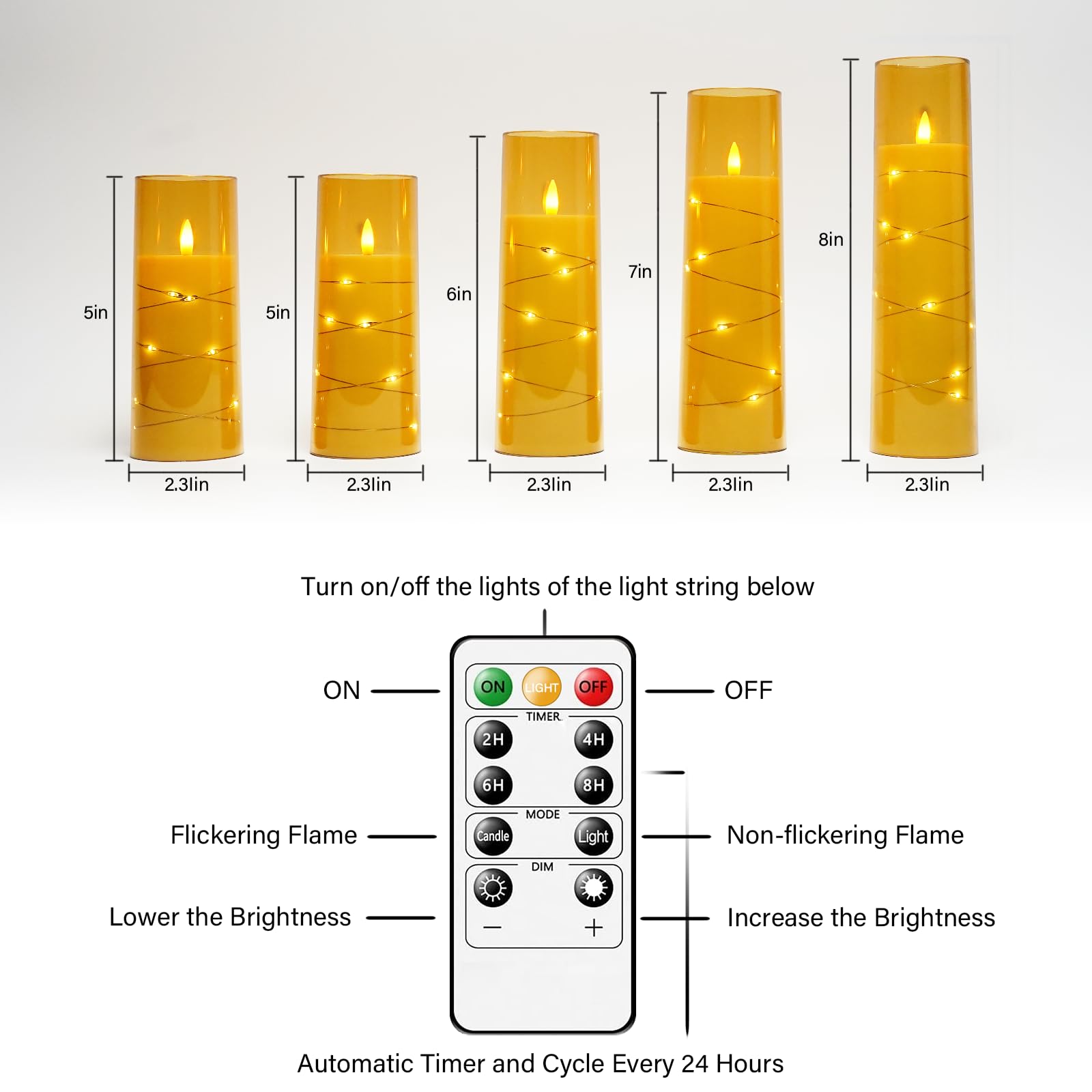 Nimiko Flickering Flameless Led Candles,Battery Operated Candles 5 Pcs With Embedded Star String,Acrylic Led Pillar Candles With