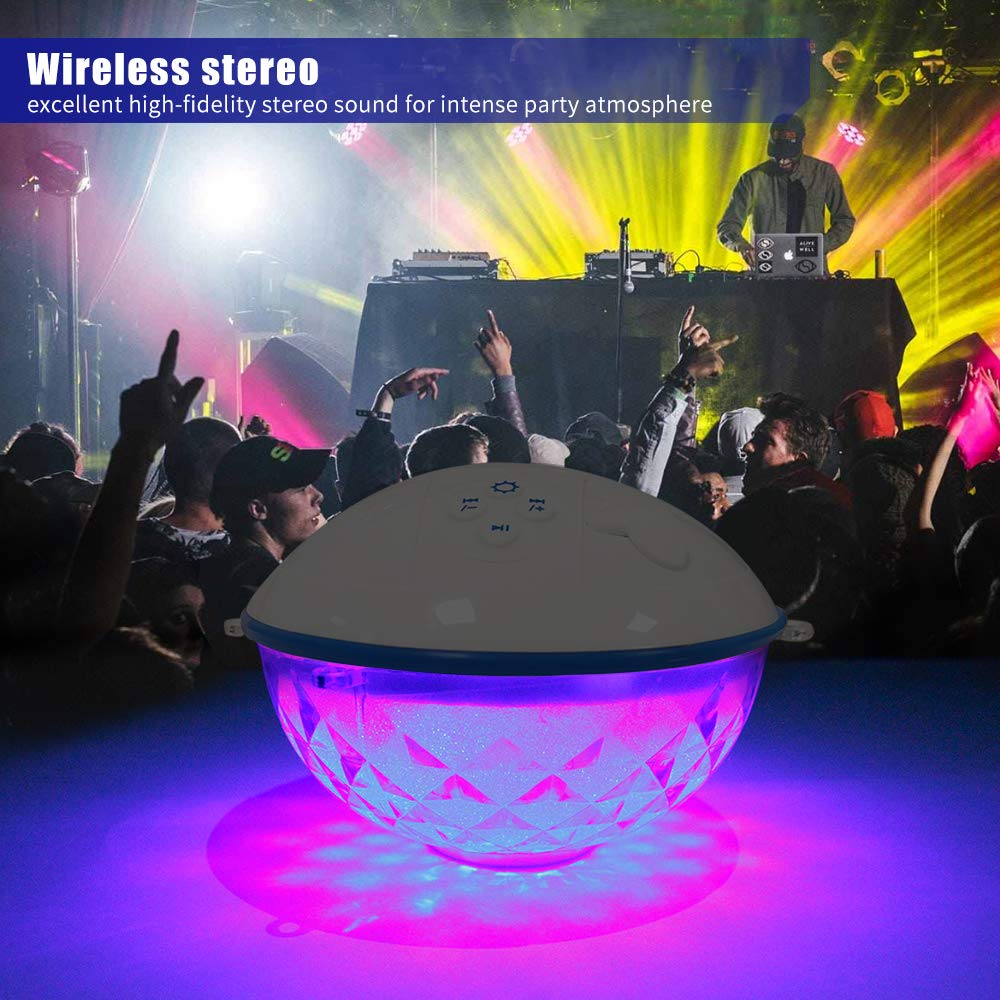 Blufree Floating Bluetooth Speaker - Waterproof IP68, Built-in Mic, Colorful Lights, White, Model BT601W