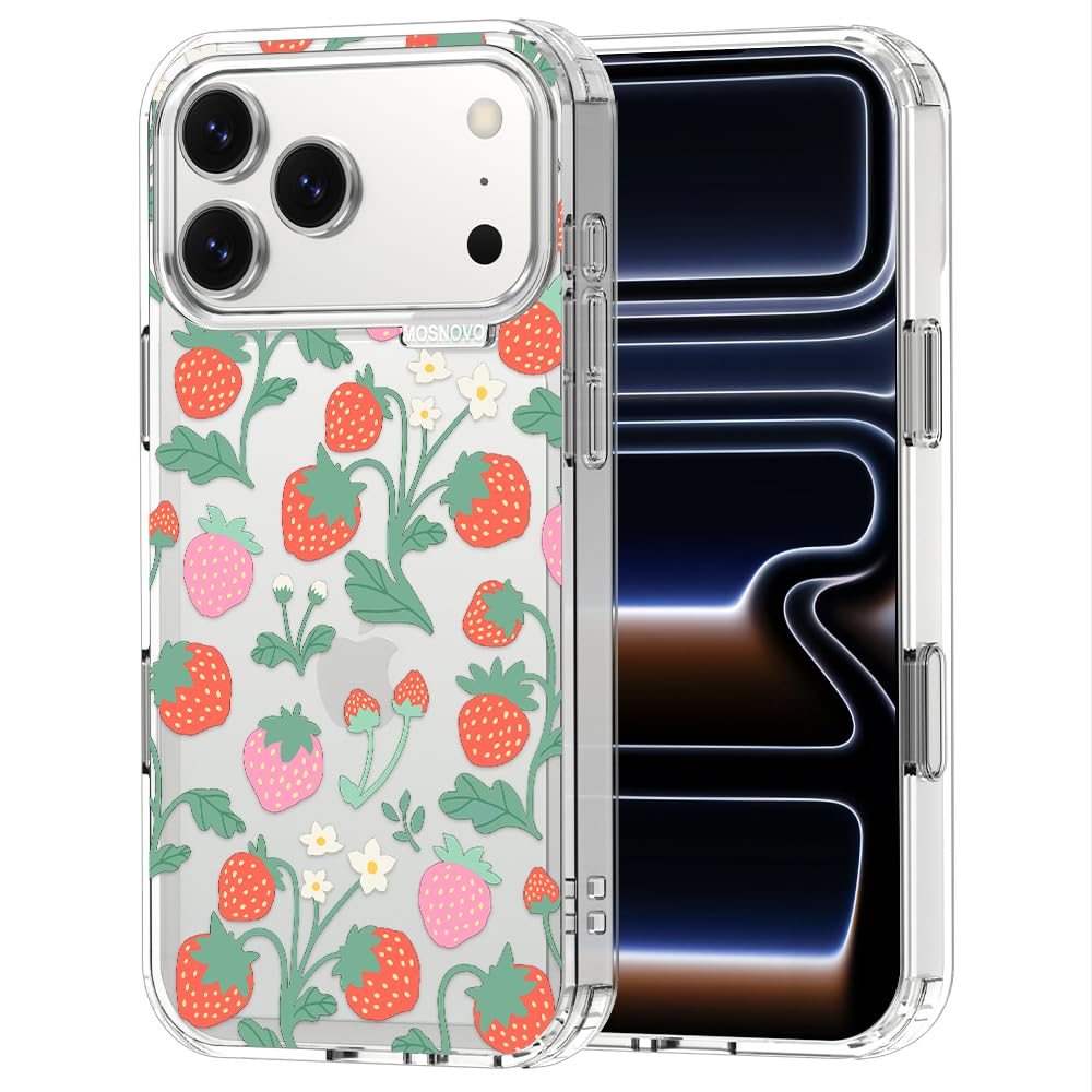 MOSNOVO for iPhone 17 Pro Max Case | Military Grade 6.6ft Drop Tested | Camera Control | Clear with Strawberry Garden Design