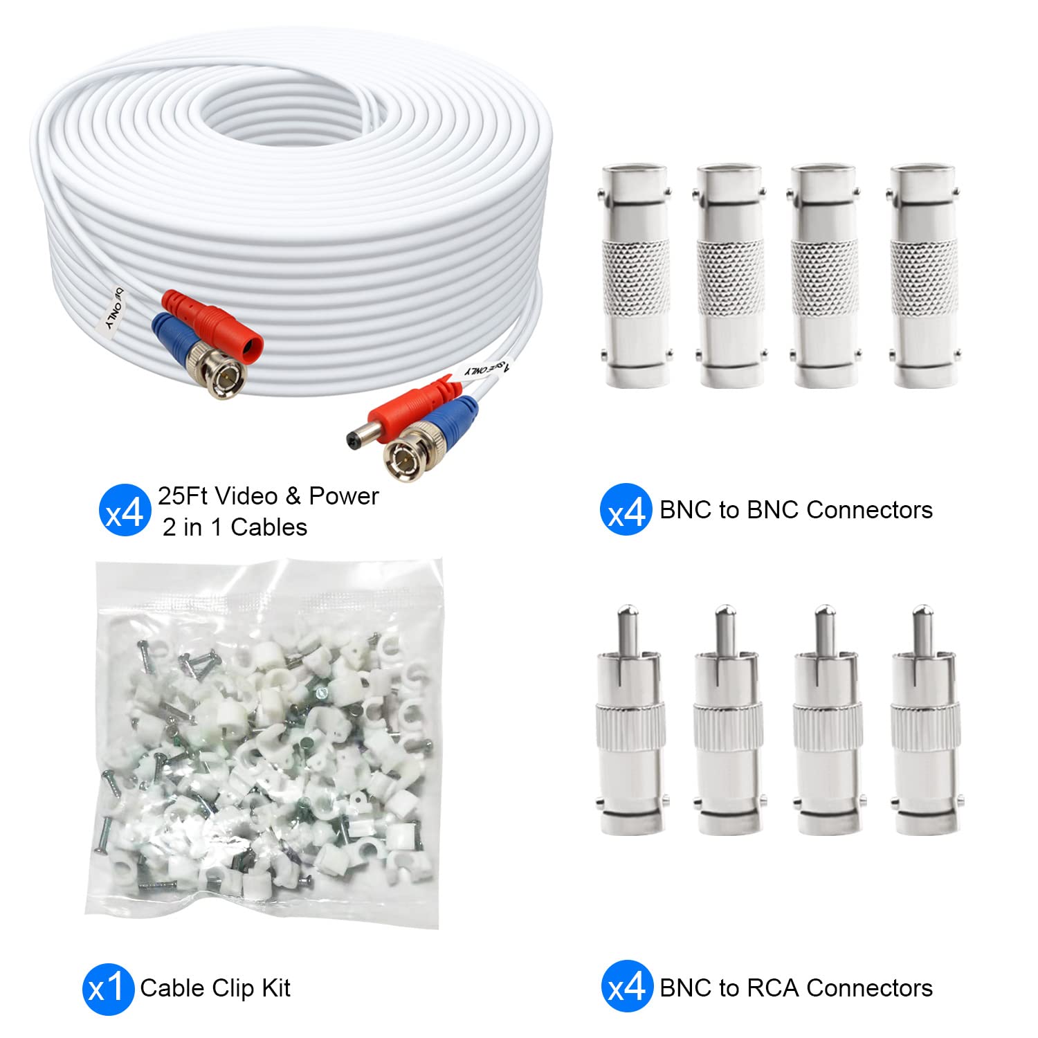 Aimyzii Bnc Cable 25Ft 4 Pack Bnc Video Power Cable,Security Camera Cable For Cctv Camera Dvr Security Systems(Included 8X Bnc A