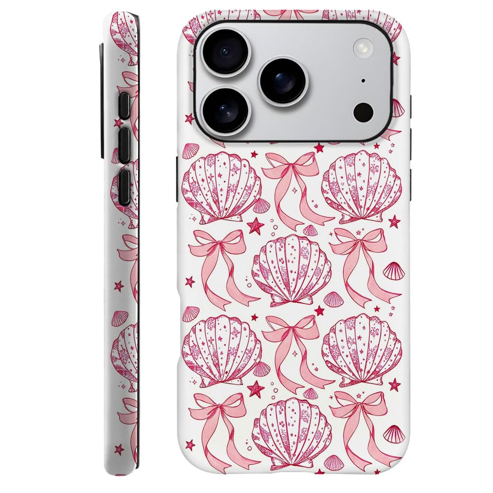 Compatible with iPhone 17 Pro,Durable & Shockproof Phone Case Cover Design - Pink Seashells Bows Ribbons Pattern