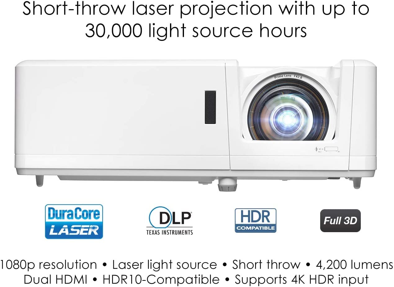 Optoma Gt1090Hdrx Short Throw Laser Home Theater Projector | 4K Hdr Input | Reliable Lamp Free Operation 30,000 Hours | Bright 4,200 Lumens For Day And Night Viewing