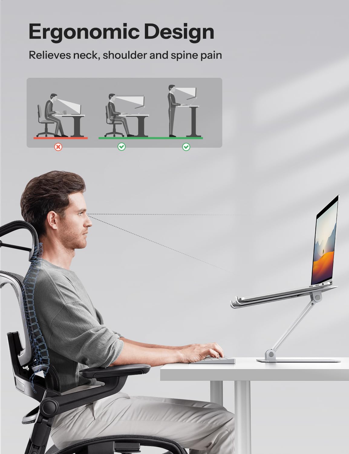 Omoton Laptop Stand For Desk, Ergonomic Adjustable Computer Stand Aluminum Portable Desktop Laptop Riser Holder For Macbook Air Pro, Dell, Hp And All Tablets Up To 15.6', Glossy Silver