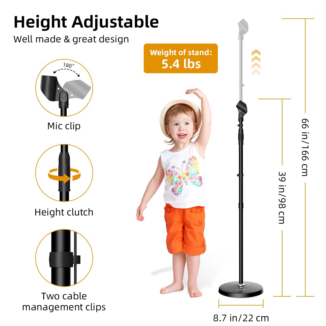 Futrue-Wolker Microphone Stand Mic Floor Stand, Adjustable Height From 39 To 66, 180 Rotatable Mic Clip Heavy Duty Round Base Bo