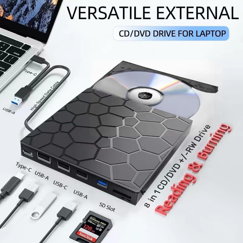 External Cd/Dvd Drive For Laptop, Portable Dvd Player For Laptop, 8 In 1 Usb 3.0 Cd/Dvd Rom +/ Rw Cd Burner,Cd Drive External Us