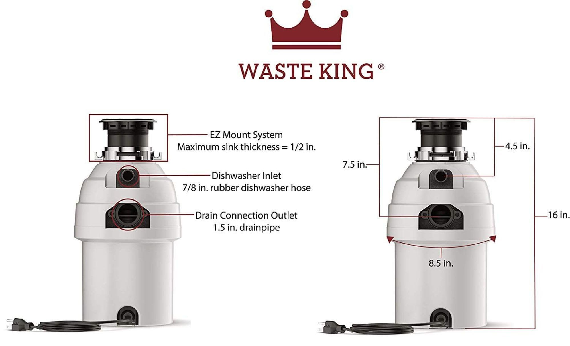 Waste King 1 Hp Garbage Disposal With Power Cord, Food Waste Disposer For Kitchen Sink, L 8000