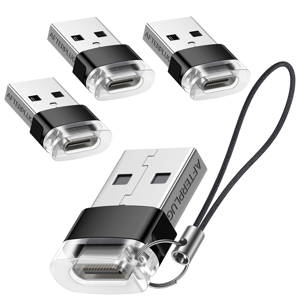 Afterplug USB-A to USB-C Adapter, 4-Pack with Lanyards, USB A Male to Type-C Female Converter for Chargers & Laptops, Black