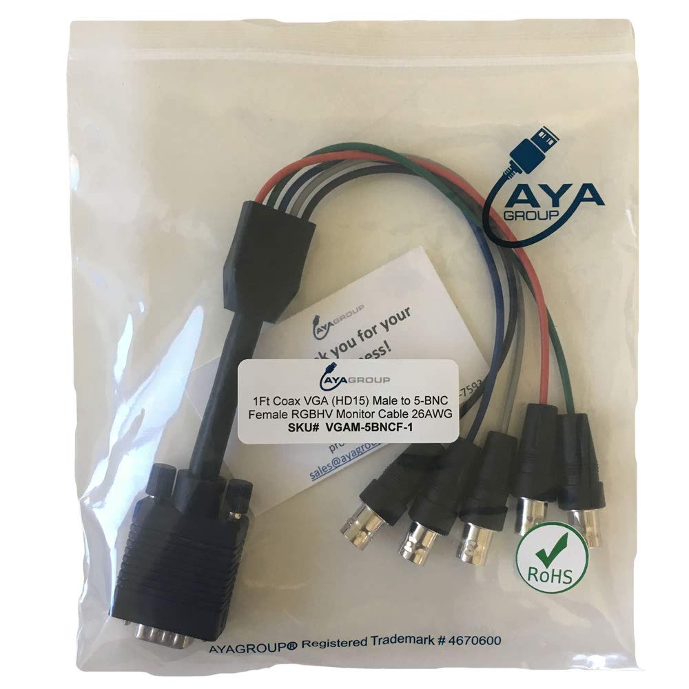 Aya 1Ft (1 Foot) Coax Vga (Hd15) Male To 5-Bnc Female Rgbhv Monitor Cable 26Awg