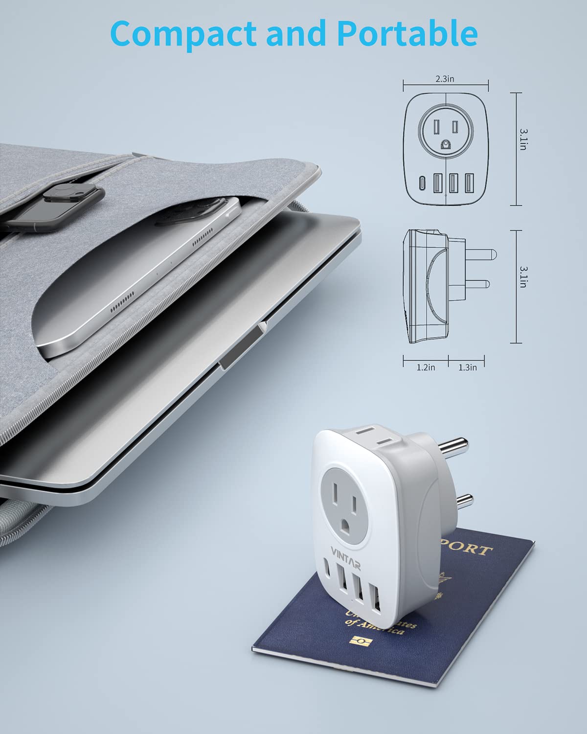 Us To India Plug Adapter, Vintar Type D Travel Adapter With 1 Usb C, 3 Usb Ports And 2 American Outlets, 6 In 1 India Power Adap
