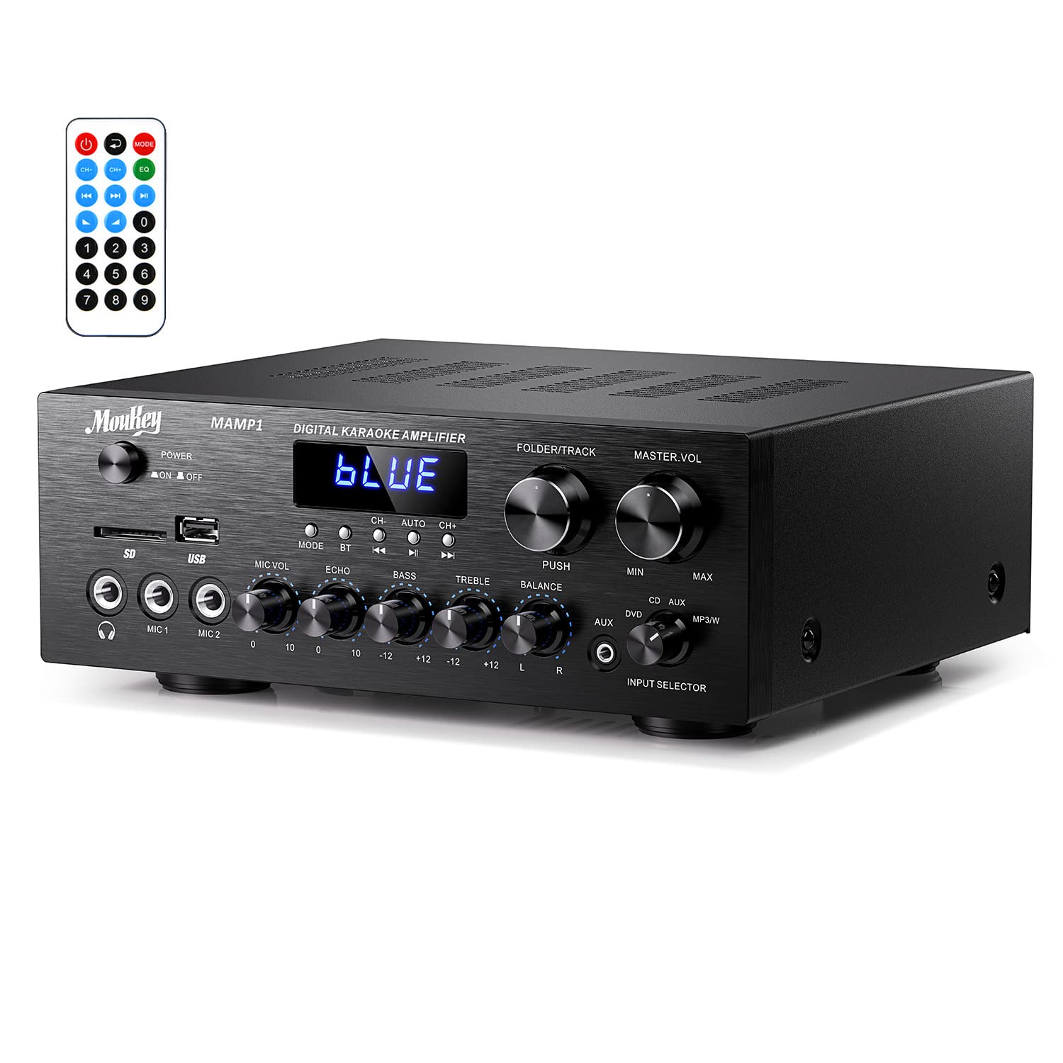 Moukey Stereo Receivers With Bluetooth 5.0, 400W 2.0 Channel Power Audio Amplifier Stereo System W/Usb, Sd, Aux, Rca, Mic In W/Echo, Led For Karaoke, Home Theater Speakers   Mamp1