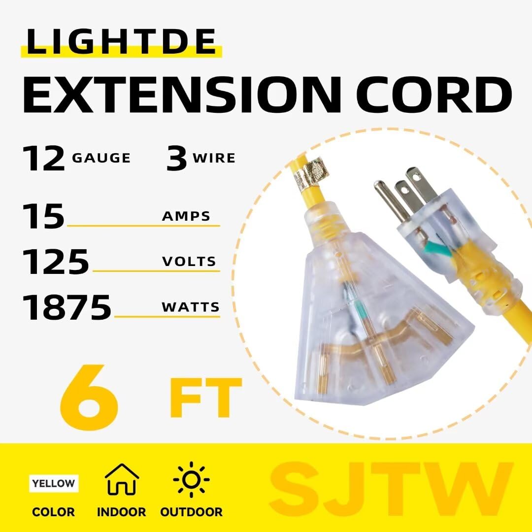 Greatide 6 Ft Lighted Outdoor Extension Cord With 3 Electrical Power Outlets   12/3 Sjtw Heavy Duty Yellow Extension Cable With