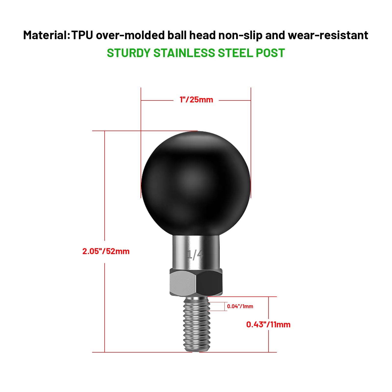 Ihytoon 1'' Ball Adapter With 1/4'' 20 Threaded Post For Action Camera And Camcorder Compatible With Ram Mounts B Size Double So