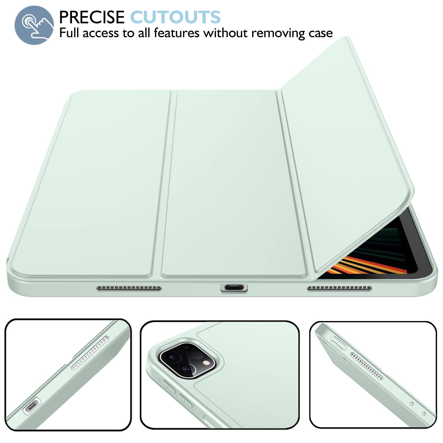 Imieet New Ipad Pro 12.9 Case 2022(6Th Gen)/2021(5Th Gen) With Pencil Holder [Support Ipad 2Nd Pencil Charging/Pair],Trifold Stand Smart Case With Soft Tpu Back,Auto Wake/Sleep(Pale Green)