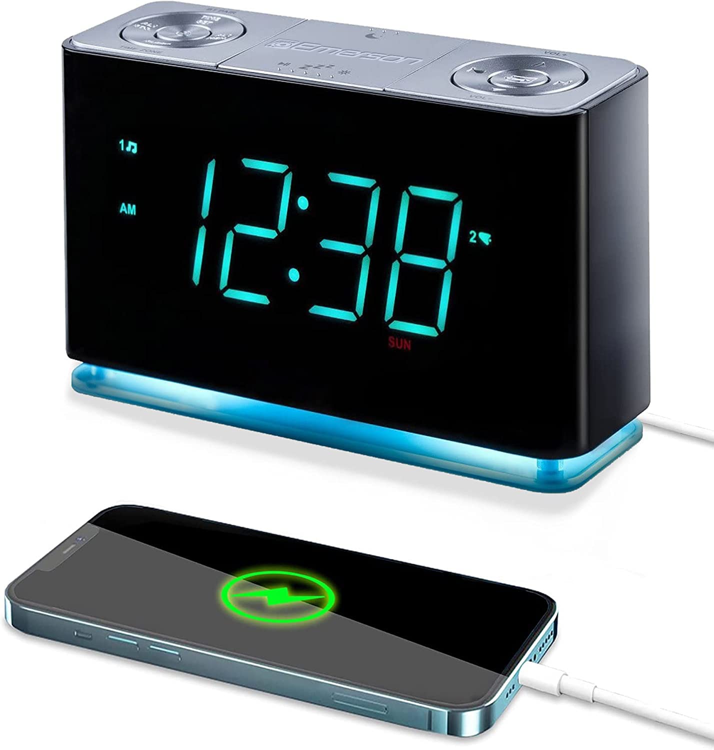 Emerson Smartset Alarm Clock Radio With Bluetooth Speaker With Usb Port For Iphone/Ipad/Ipod/Android And Tablets, 1.4inch Cyan Led 